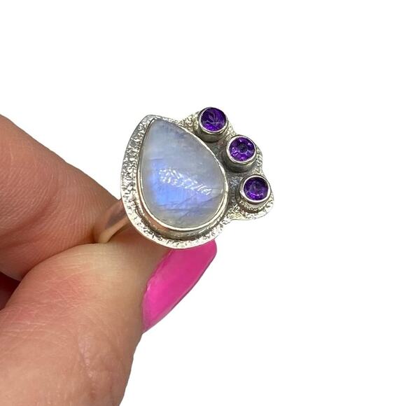 Rainbow Moonstone & Amethyst Ring Size 9 Solid 925 Sterling Silver - Picture 4 of 6